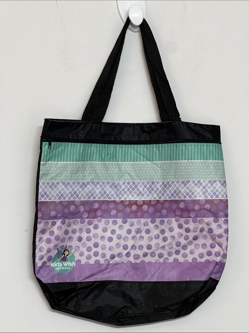 🌞 Kids Wish Network Fun Reuseable Nylon Purple & Teal Striped Tote Bag